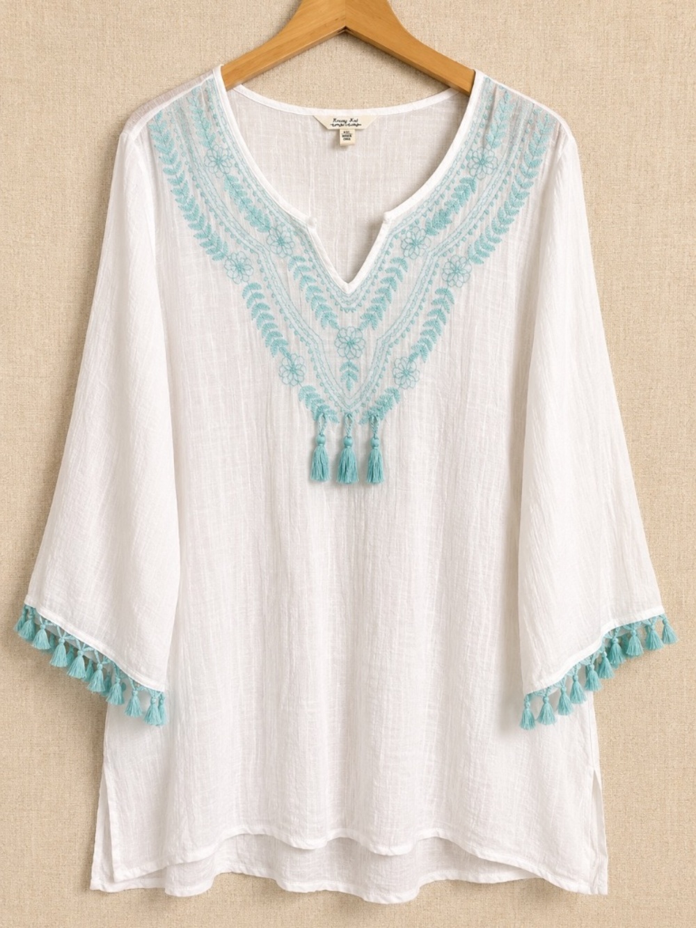 Krazy Kat White Boho Embroidered Tassel Tunic Top XXL Aqua Beachy Resort